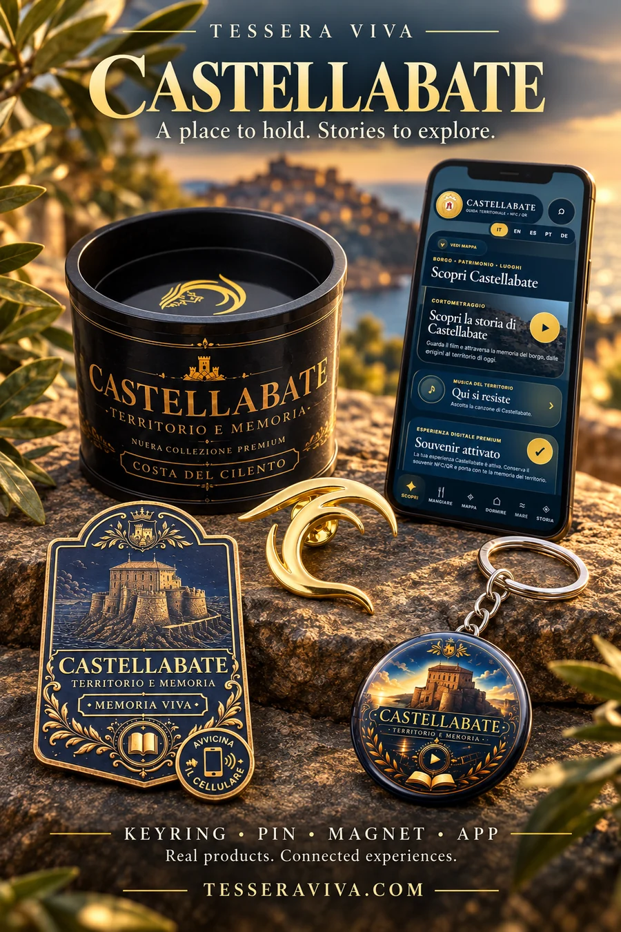 Castellabate — pin, embalagem, chaveiro, ímã e aplicativo